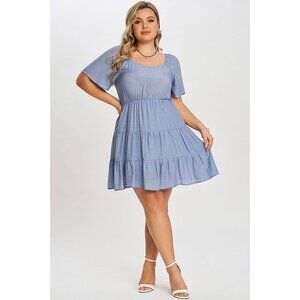 Denim Color Tiered Style Ruffle Sleeves Party Dress